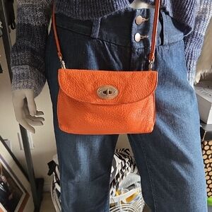 Fossil Pumpkin Orange Pebbled Leather Crossbody Bag w Turn-Clasp Flap Closure